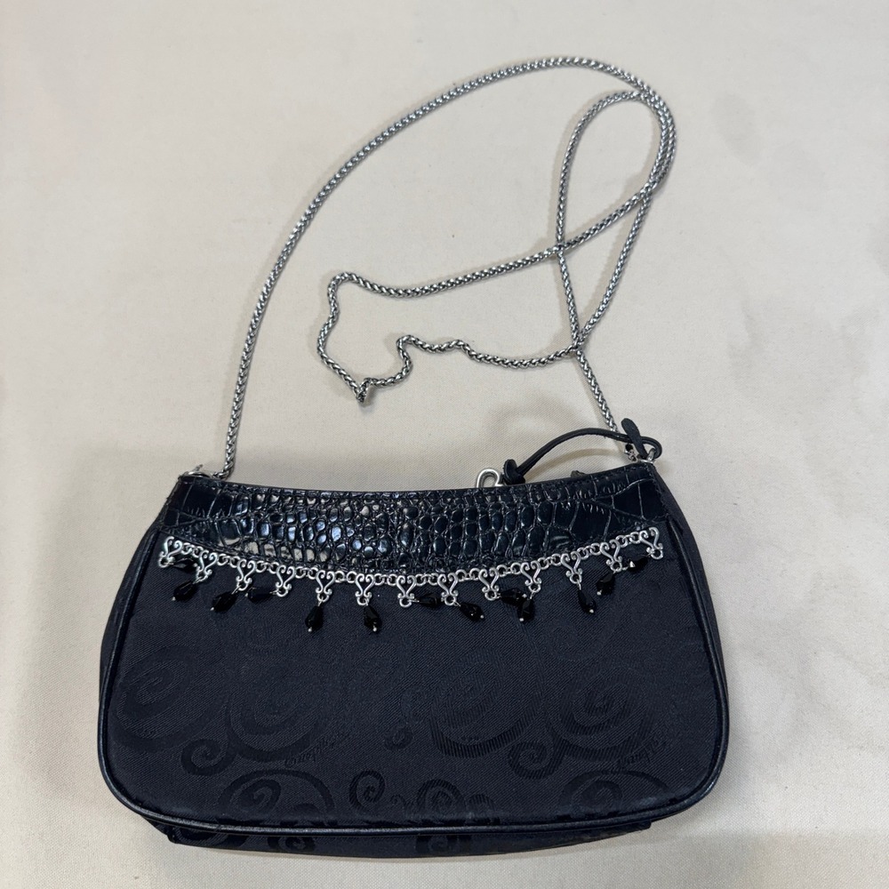 Brighton Black Jacquard Faux Croc Trim Silver Filigree Beaded Chain Evening Bag